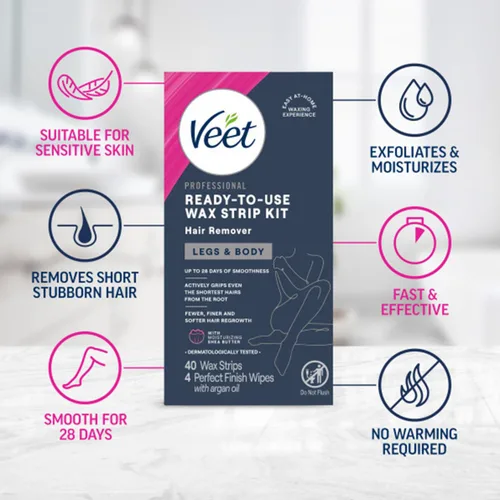 Miniatura 4 de Veet Kit de tiras de cera depiladoras dermatológicamente probadas, listas para usar, 40 unidades para piernas y cuerpo (paquete de 2)