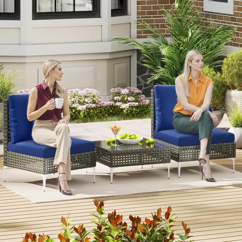 Miniatura 9 de Tangkula Juego de muebles de patio de 3 piezas, sillas de conversación de ratán PE con mesa de centro de vidrio templado, respaldo suave y cojines
