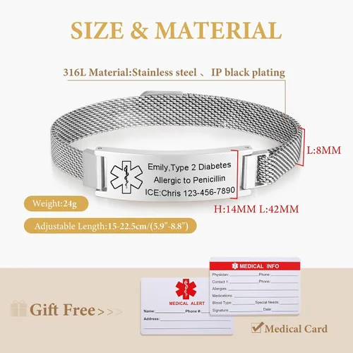 Miniatura 5 de VNOX Pulsera de identificación de alerta médica para hombres y mujeres, pulseras de alerta médica con grabado personalizado para mujeres y hombres