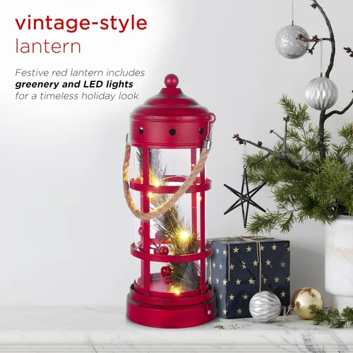 Miniatura 5 de Alpine Corporation Farol de Navidad de metal y vidrio de 13 pulgadas de alto con 8 luces LED blancas cálidas, temporizador integrado, decoración