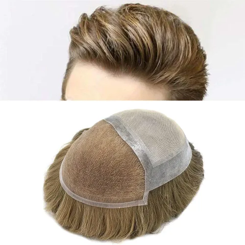 Nudos blanqueados frontales de encaje para hombre, tupé de dos bases en una mitad, piezas de cabello de encaje mono para hombres, unidad de 20 #+7