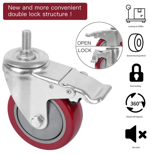 Miniatura 4 de DICASAL Ruedas de vástago resistente de 3 pulgadas Ruedas de rosca giratorias de 360 grados con tamaño métrico M12-1.75 Tornillo de doble bloqueo