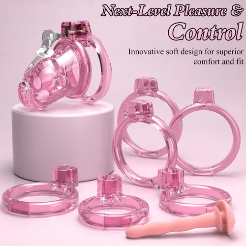 Miniatura 2 de Jaula de castidad masculina – Jaula de pene rosa ligera con parte delantera de plástico suave y anillos de 6 tamaños, cómodo dispositivo de castidad