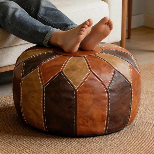 Miniatura 12 de Thgonwid Funda redonda sin relleno, otomana de almacenamiento de piel sintética, taburete marroquí bohemio, decoración multiusos para el hogar, sala