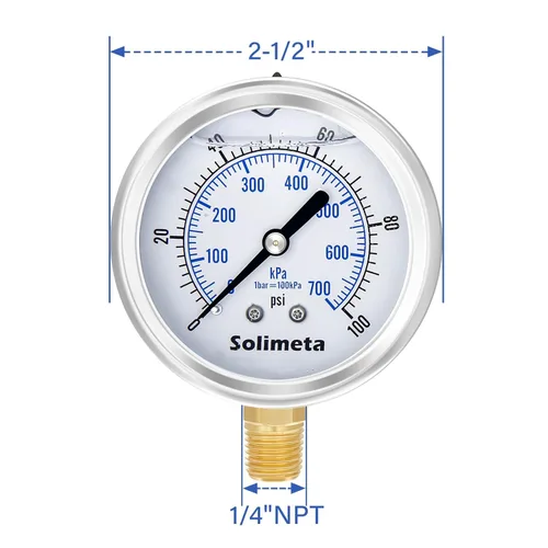 Miniatura 2 de Tamaño del dial de 2-1/2", medidor de presión lleno de aceite, manómetro de presión de 100psi, montaje inferior NPT de 1/4", con tapón de prueba