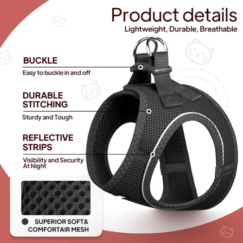 Miniatura 2 de TwoEar Arnés de gato a prueba de escape, suave chaleco ajustable para perro, de malla transpirable, chaqueta reflectante de fácil control para Negro