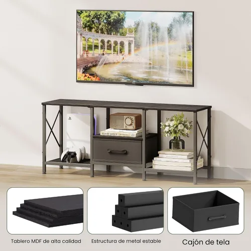 Miniatura 5 de JARHETUN - Soporte de TV con cajón de tela, centro de entretenimiento para TV de 50 55 pulgadas, consola de TV industrial con estantes de Negro
