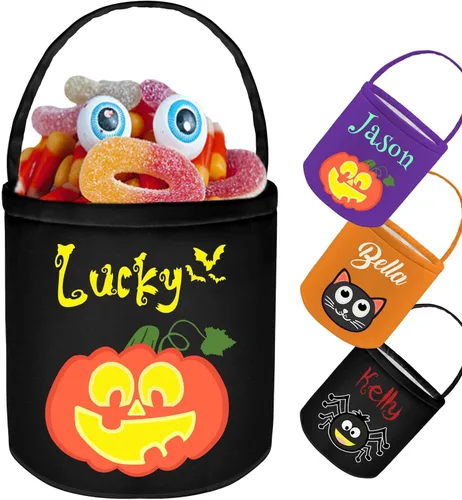 Miniatura 9 de Cubo de Halloween personalizado con nombre personalizado para trucos o tratos, bolsa de dulces personalizada para niños, bolsas de mano grandes