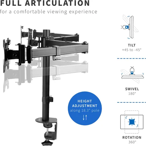 Miniatura 5 de VIVO Soporte de escritorio ajustable para monitor triple, soporte articulado, capacidad para 3 pantallas de hasta 24 pulgadas, negro, STAND-V003Y
