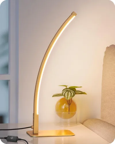 EDISHINE Lámpara de mesa LED curva, moderna lámpara de noche con 3 temperaturas de color y atenuación continua, aluminio y hierro, lámpara de mesita