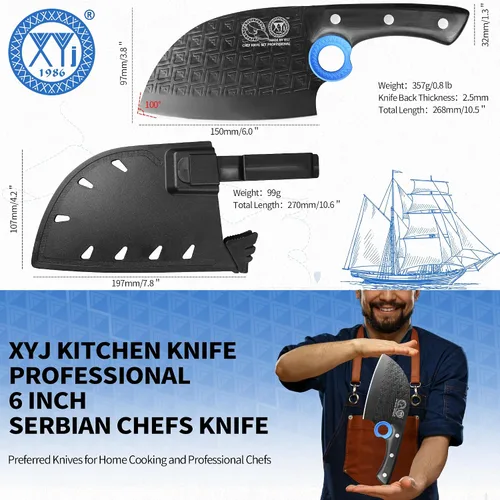 Miniatura 2 de XYJ Auténtico desde 1986, cuchillo de carnicero grande y resistente, cuchillo de chef serbio con estuche, cuchillo de cocina para vegetales