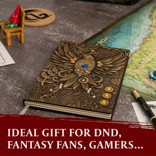 Miniatura 6 de Cuaderno / Diario DND, Libro Único de 200 Páginas con Cubierta de Falso Cuero con Dragón de Bronce en 3D con Lápiz - Ideal para Dungeons & Dragons