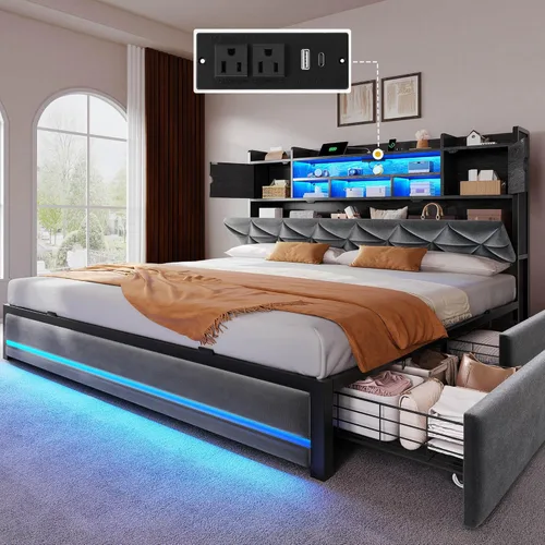 Miniatura 12 de DWVO Base de cama tamaño Queen con luces LED RGB y cabecera de estantería de almacenamiento, cama tapizada con estación de carga y 4 cajones,
