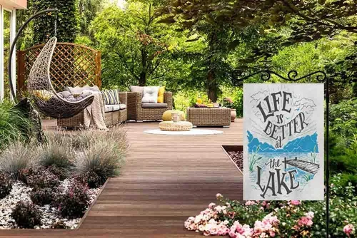 Miniatura 4 de AOYEGO Bandera de arpillera para jardín de doble cara con texto en inglés "Life Is Better At the Lakeside" (La vida es mejor en el lago) de tela