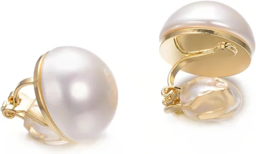Miniatura 27 de Yoursfs Aretes de clip de perlas blancas grandes para mujer, chapados en oro de 18 quilates, hipoalergénicos, sin perforaciones, joyería brillante