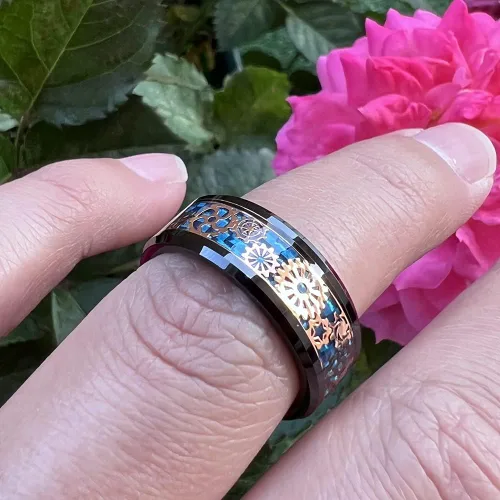 Miniatura 6 de Wow Jewelers - Anillo de tungsteno de 6 mm y 8 mm color negro, plateado, rojo y azul para hombres y mujeres, anillos de matrimonio estilo Steampunk