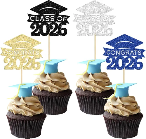 Miniatura 34 de 24 piezas 2026 decoraciones para cupcakes de graduación 2026 con purpurina clase de 2026 para graduación de graduación para felicitaciones 2026