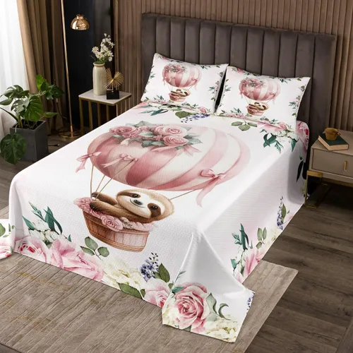 Miniatura 27 de Manfei Lindo pingüino para niños, tamaño individual, juego de colcha de princesa con lazo rosa con globo aerostático, decoración de habitación