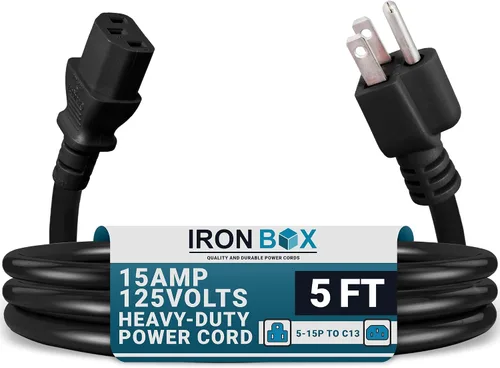 Miniatura 10 de IronBox Electric - Cable de alimentación de servicio pesado 5-15P a C13 - Cable de 3 clavijas 15A 125V 14/3 SJT para PC - Cable para computadora