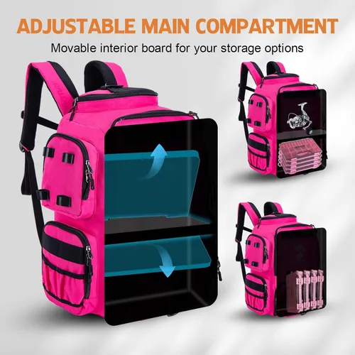 Miniatura 3 de Mochila de pesca Goture, mochila de equipo de pesca resistente al agua de 900D con soportes para cañas, bolsa de equipo de pesca de gran Rosa
