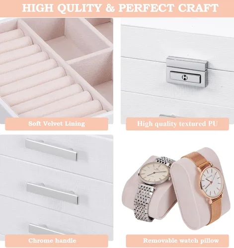 Miniatura 7 de ANWBROAD Caja organizadora de joyas Caja de joyería para mujer con cerradura de 6 niveles Caja de almacenamiento de joyería blanca para aretes