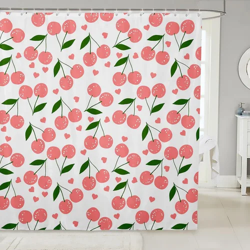 Miniatura 21 de Feelyou Accesorios impermeables de baño de cereza roja con 12 ganchos, cortina de ducha de frutas de dibujos animados para niñas, mujeres y niños