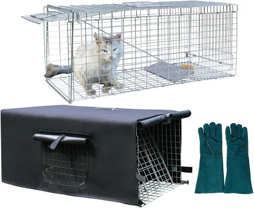 Jaula Trampa para Animales Vivos con Cubierta y Guante, Cubierta con Ventana de Malla para 1-2 Puertas, Jaula Trampa Plegable Resistente de 32 Jaula