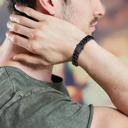 Miniatura 2 de ChainsProMax Pulseras de cadena cubana de acero inoxidable para hombre, 5790.472 in de ancho, 7.58.39 pulgadas de largo, negrodorado