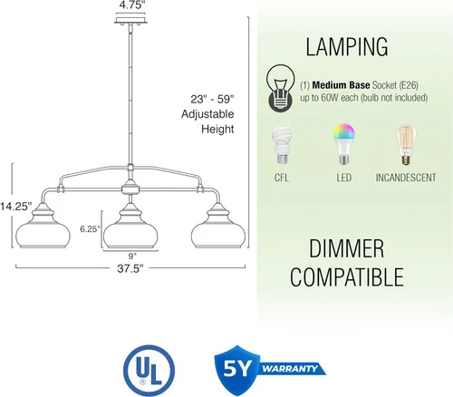 Miniatura 4 de Kira Home Harlow - Lámpara de isla de cocina industrial moderna de granja de 38 pulgadas de 3 luces con pantallas de vidrio transparente, altura