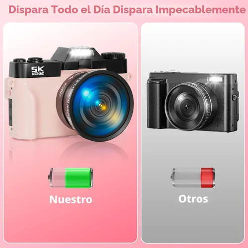 Miniatura 8 de Cámara digital 5K para fotografía, cámara de vlogging WiFi UHD de 75 megapíxeles para YouTube, cámara compacta con pantalla abatible de 3" 180°, Rosa