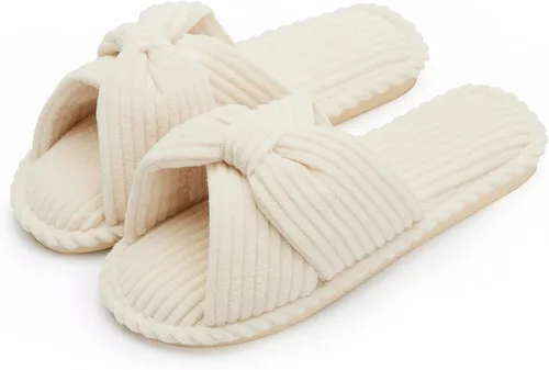 Miniatura 7 de Chantomoo Pantuflas para mujer, de espuma viscoelástica, para el hogar, dormitorio, baño, spa, puntera abierta, con lazo de pana, acogedoras