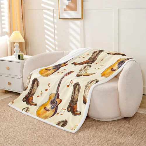 Miniatura 3 de Cowboy Boots Blanket Bohemia Musical Guitar Throw Blanket for Kids Western Rustic Cowgirl Super Soft Wrinkle Sherpa Blanket Music Notes Print 40x50
