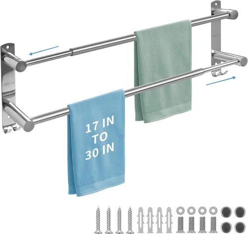 Toallero de doble barra, acero inoxidable ajustable de 16 a 28 pulgadas, toallero doble para baño, aplicable a baños y cocinas
