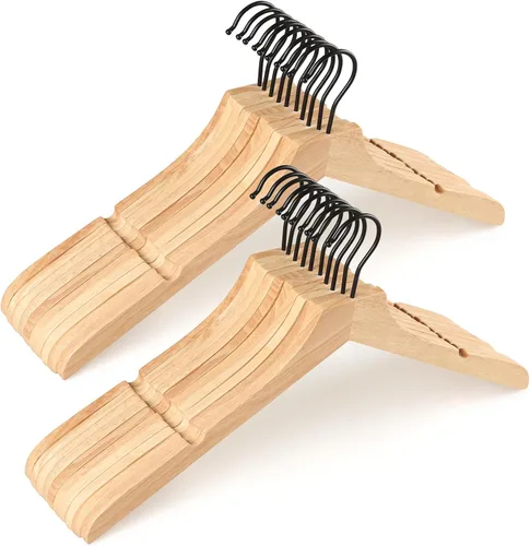 Miniatura 11 de TOPIA HANGER Perchas de madera de bambú, perchas con gancho negro giratorio y nothces de corte liso, juego de 12 perchas de madera duraderas