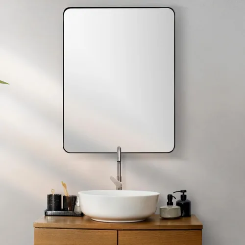 Miniatura 47 de ANDY STAR Espejo cromado para baño, espejo de pared con marco de metal de 22 x 30 pulgadas, espejo rectangular de acero inoxidable con esquina