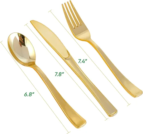 Miniatura 3 de FOCUSLINE Juego de 75 cubiertos desechables de plástico dorado, 25 tenedores, cuchillos, cucharas, cubiertos desechables, juego de utensilios