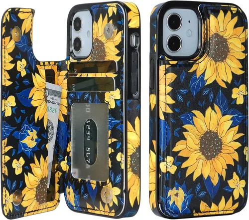 Miniatura 14 de HAOPINSH Funda tipo cartera para iPhone 12 Mini con tarjetero y diseño de girasoles de bandera americana, tapa trasera de piel sintética, ranuras