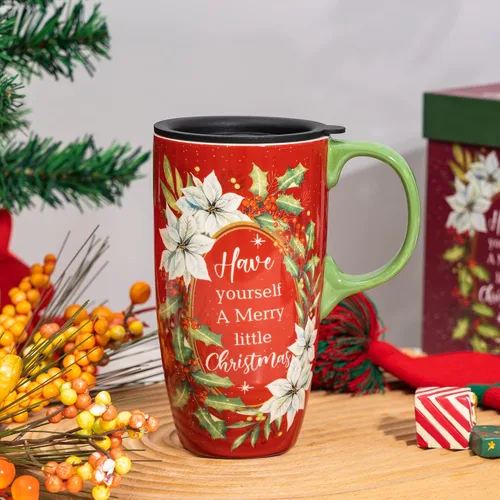 Topadorn Taza de café de cerámica de 17 onzas con tapa y caja de regalo, taza de té de porcelana roja festiva, apta para microondas y lavavajillas,