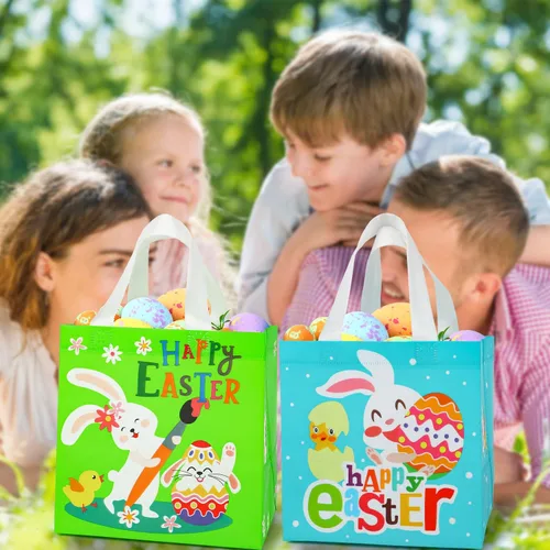 Miniatura 2 de SULOLI Bolsas de regalo de Pascua, bolsas de compras no tejidas de Pascua con asas para fiestas de vacaciones (paquete de 8), Verde, naranja, rosa