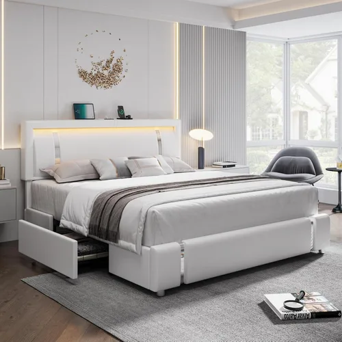 Keyluv Marco de Cama Queen con Cabecero de Luces LED RGB y 2 Cajones de Almacenamiento, Plataforma Inteligente Moderna Tapizada de Cuero Sintético