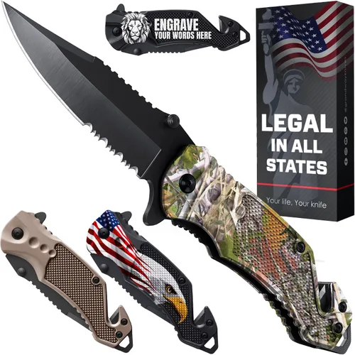 Miniatura 17 de GOOD WORKER Navaja de bolsillo legal con hoja dentada de 2.95 pulgadas, rompedor de vidrio, cortador de cinturón de seguridad, cuchillos plegables