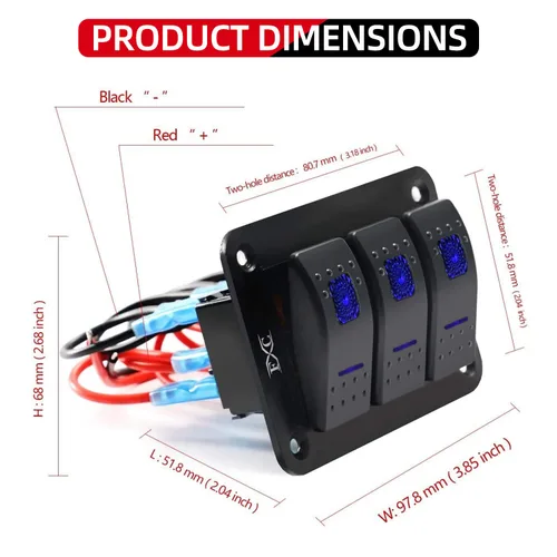 Miniatura 6 de FXC Panel de Interruptor Basculante de Aluminio 3 Bandas Interruptores de Palanca 5 Pines ENCENDIDO/APAGADO 2 LED Retroiluminado para Barco Coche 3