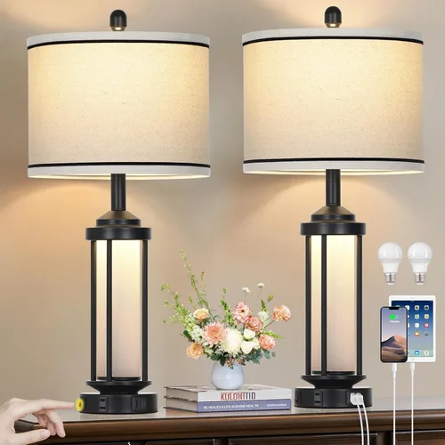 Miniatura 11 de Lámparas de mesa modernas, lámpara de noche industrial regulable de 3 vías con puertos USB A+C y salida de CA, control táctil, lámpara de mesita