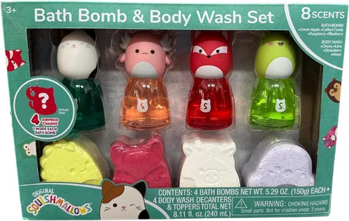 Juego de bombas de baño y gel de baño, juego de 8 piezas con 4 gel de baño perfumado y 4 bombas de baño, 4 dijes sorpresa en cada bomba de baño. Haz