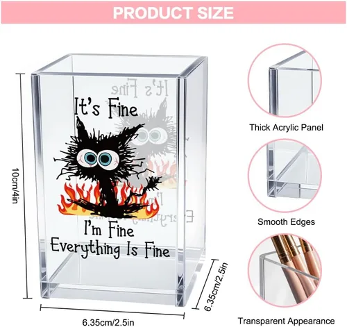 Miniatura 2 de It's Fine I'm Fine Soporte para Lápices y Bolígrafos Cosméticos de Acrílico, Divertido Soporte para Bolígrafos de Gato Negro, Regalo para Amantes