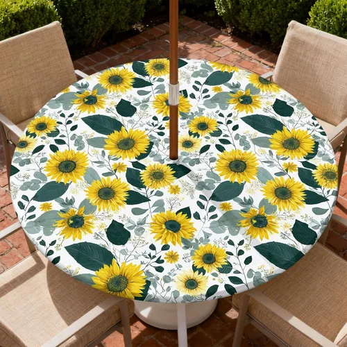 Miniatura 20 de Mantel para exteriores con agujero para sombrilla y cremallera, impermeable, redondo, ajustable con borde elástico, mantel lavable para mesa al aire