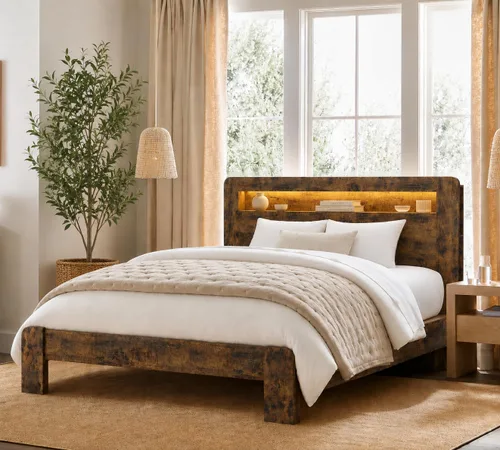 Estructura de cama de madera tamaño Queen con cabecero de almacenamiento, estructura de cama de plataforma estilo granja con estante de biblioteca y