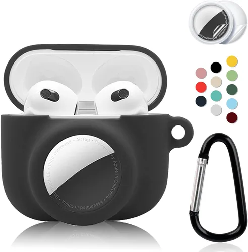 Juego de funda protectora 2 en 1 compatible con Apple AirPods 3 (2021) AirTag, soporte para rastreador GPS con 2 protectores de pantalla de TPU y