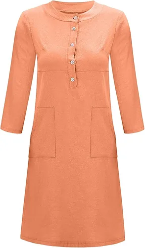 Miniatura 2 de Vestido de lino y algodón para mujer, manga larga enrollable, longitud media, con botones, con bolsillos