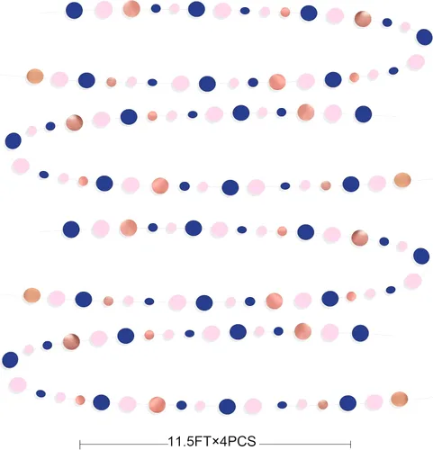 Miniatura 2 de Guirnalda de 14 metros de azul marino, rosa pálido, lunares circulares, azul real, rosa, oro rosa, papel colgante con lunares para decoraciones